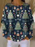 Navy waffle-knit jumper with all-over Christmas tree and gift print