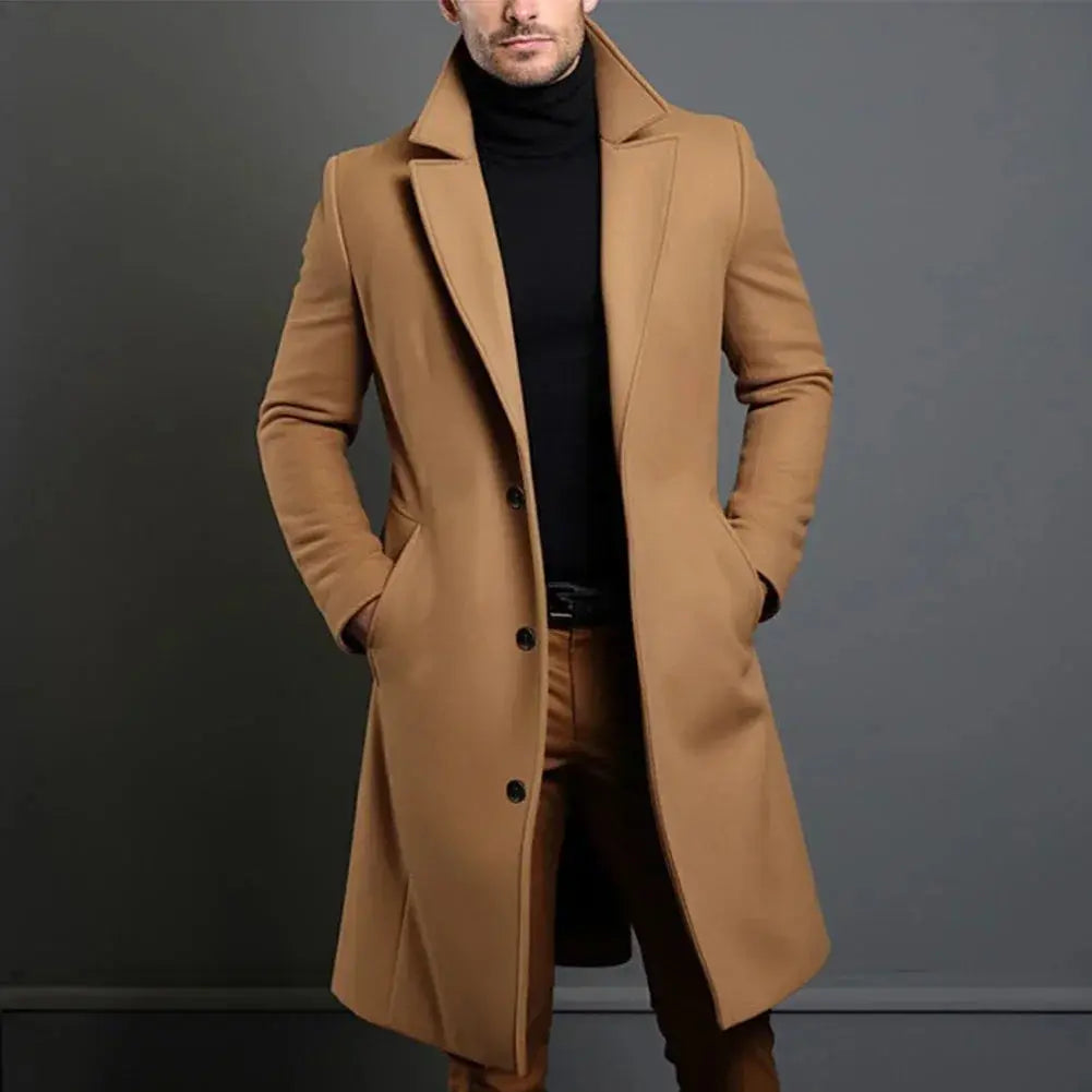 Men's camel full-length winter overcoat with deep pockets