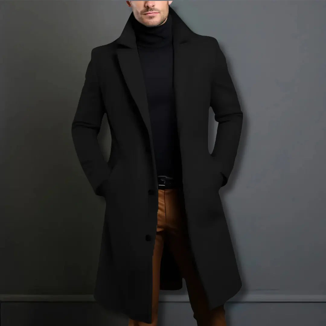 Men's black full-length winter overcoat with deep pockets