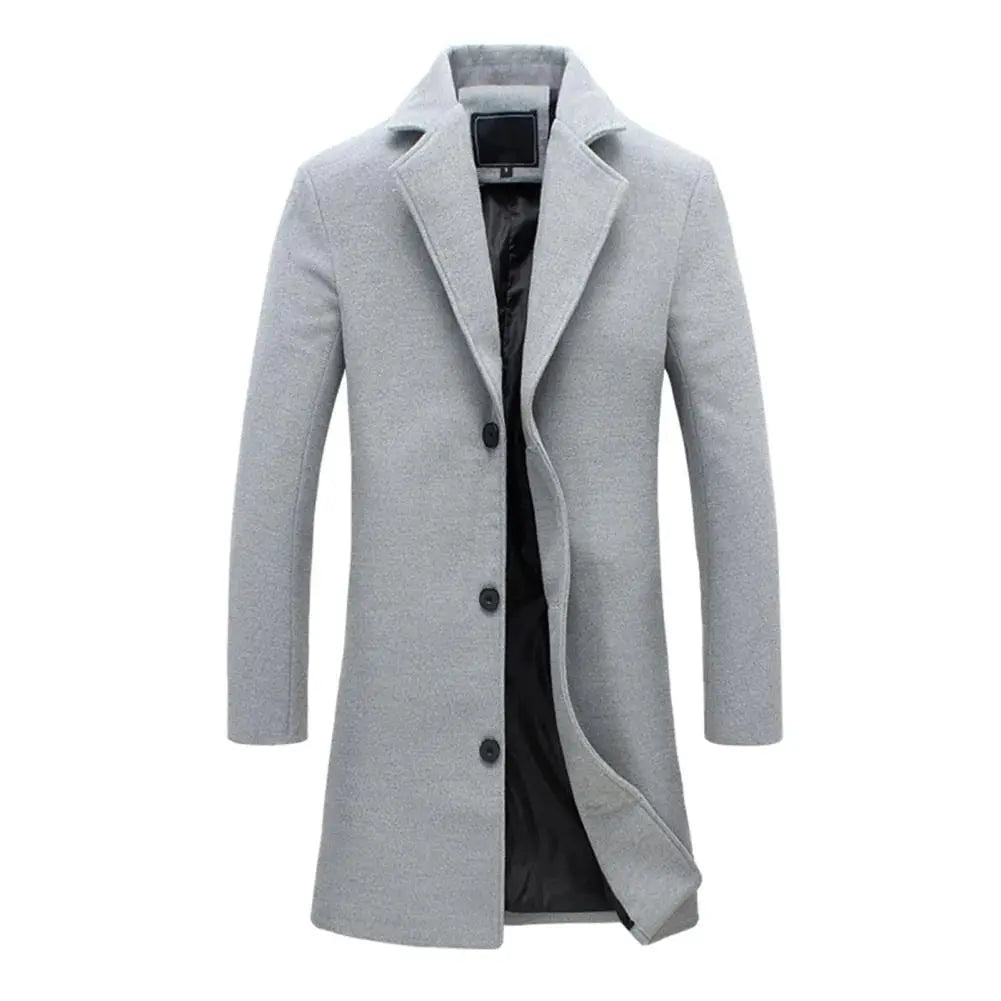 Men's light grey full-length winter overcoat with deep pockets