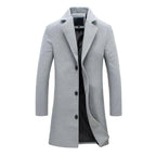 Men's light grey full-length winter overcoat with deep pockets