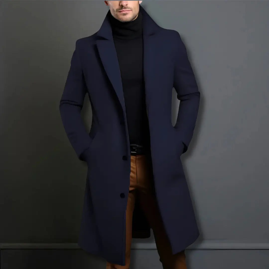 Men's navy full-length winter overcoat with deep pockets