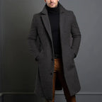 Men's dark grey full-length winter overcoat with deep pockets