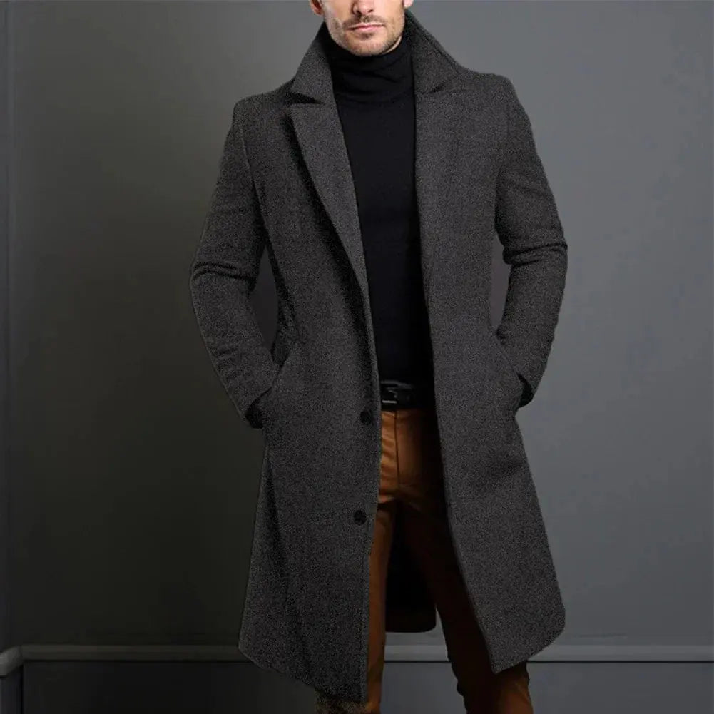 Men's dark grey full-length winter overcoat with deep pockets