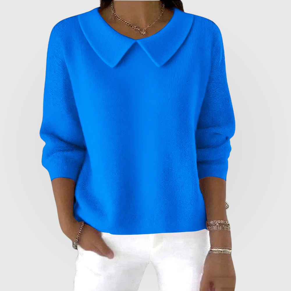 Women's Blue Classic Collared Knitted Jumper for Autumn Wear