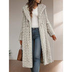 Hooded longline winter coat, front view