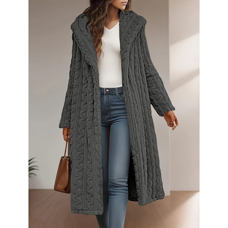 Hooded longline winter coat, back view