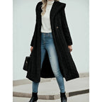 Hooded longline winter coat, side view