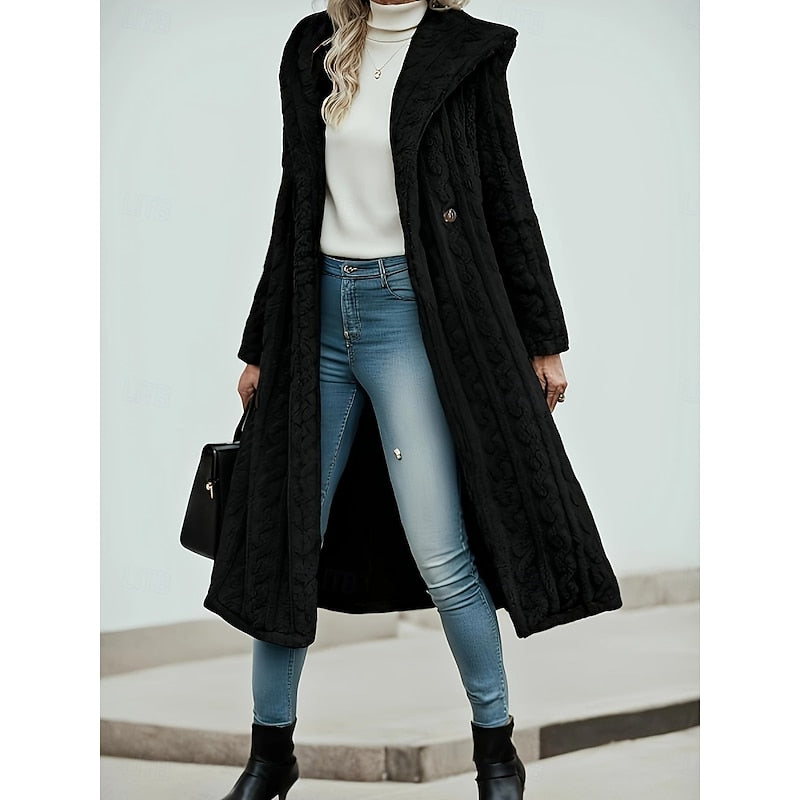 Hooded longline winter coat, side view