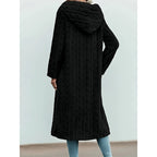 Close-up of hood and drawstring on longline winter coat