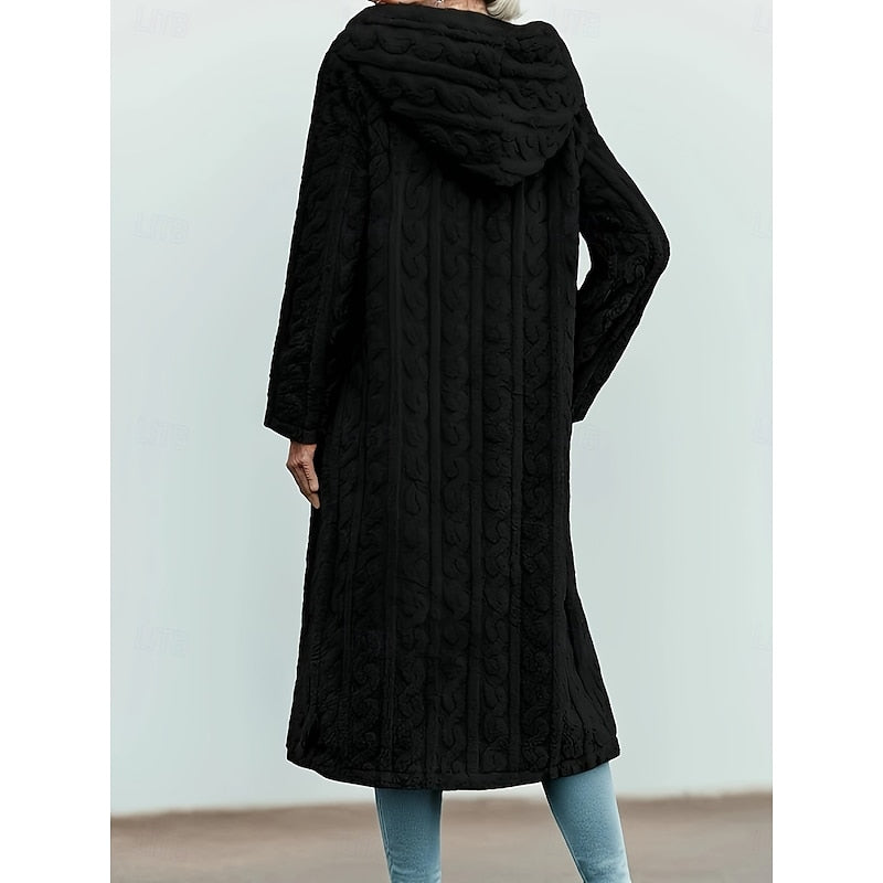 Close-up of hood and drawstring on longline winter coat