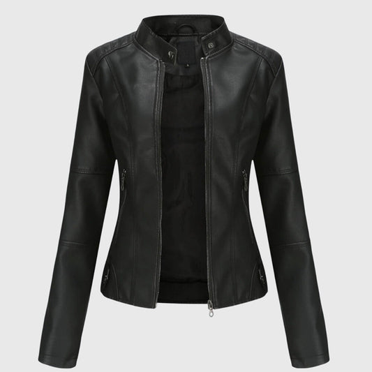 Women's black faux leather biker jacket with a timeless biker jacket cut