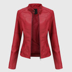 Women's black faux leather biker jacket with a timeless biker jacket cut