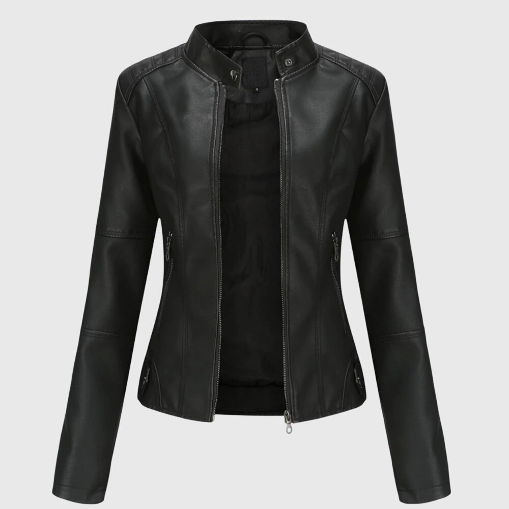 Women's Stylish Leather Moto Biker Jacket With Mandarin Collar