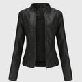 Women's Stylish Leather Moto Biker Jacket With Mandarin Collar