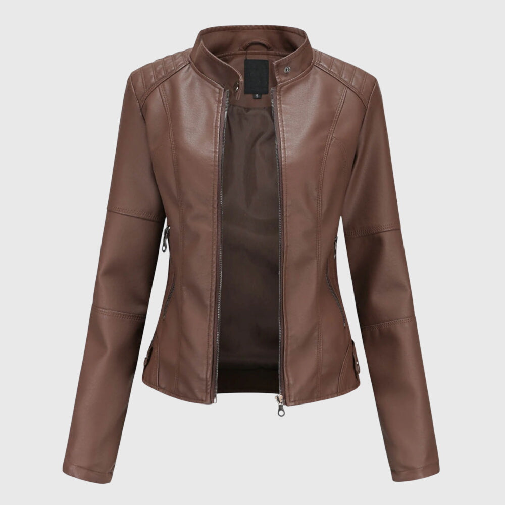 Women's Stylish Leather Moto Biker Jacket With Mandarin Collar