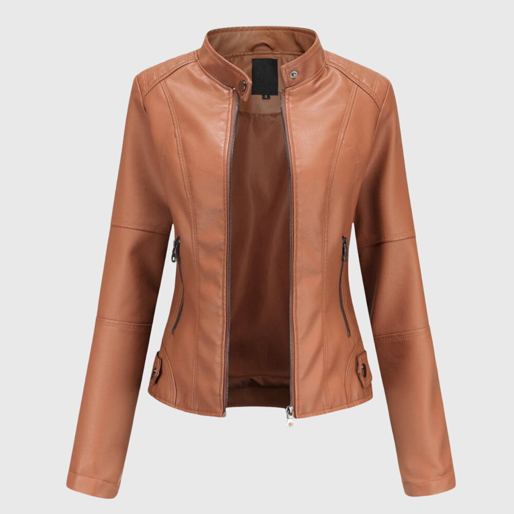Women's Stylish Leather Moto Biker Jacket With Mandarin Collar
