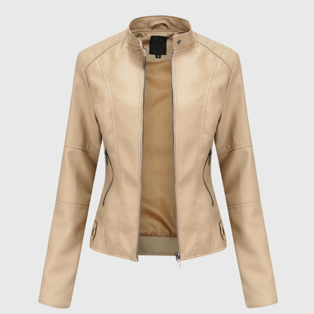 Women's Stylish Leather Moto Biker Jacket With Mandarin Collar