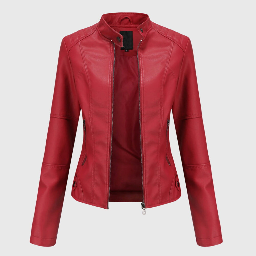 Women's Stylish Leather Moto Biker Jacket With Mandarin Collar