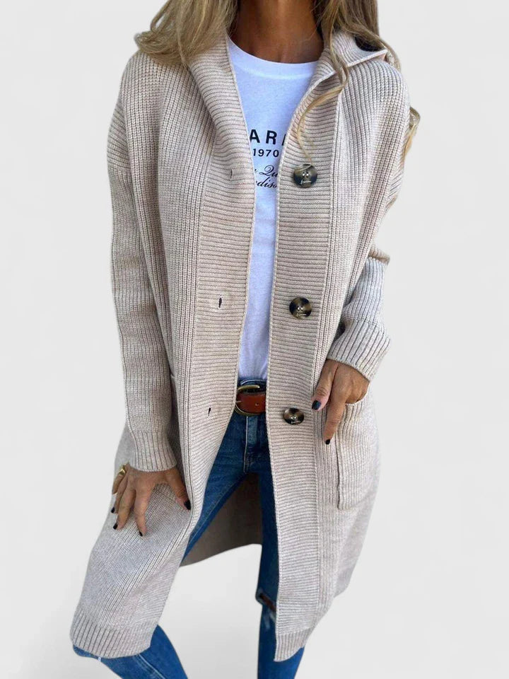 Women's beige button-up knit cardigan for everyday autumn layering
