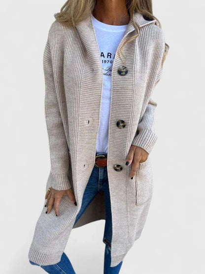 Women's beige button-up knit cardigan for everyday autumn layering