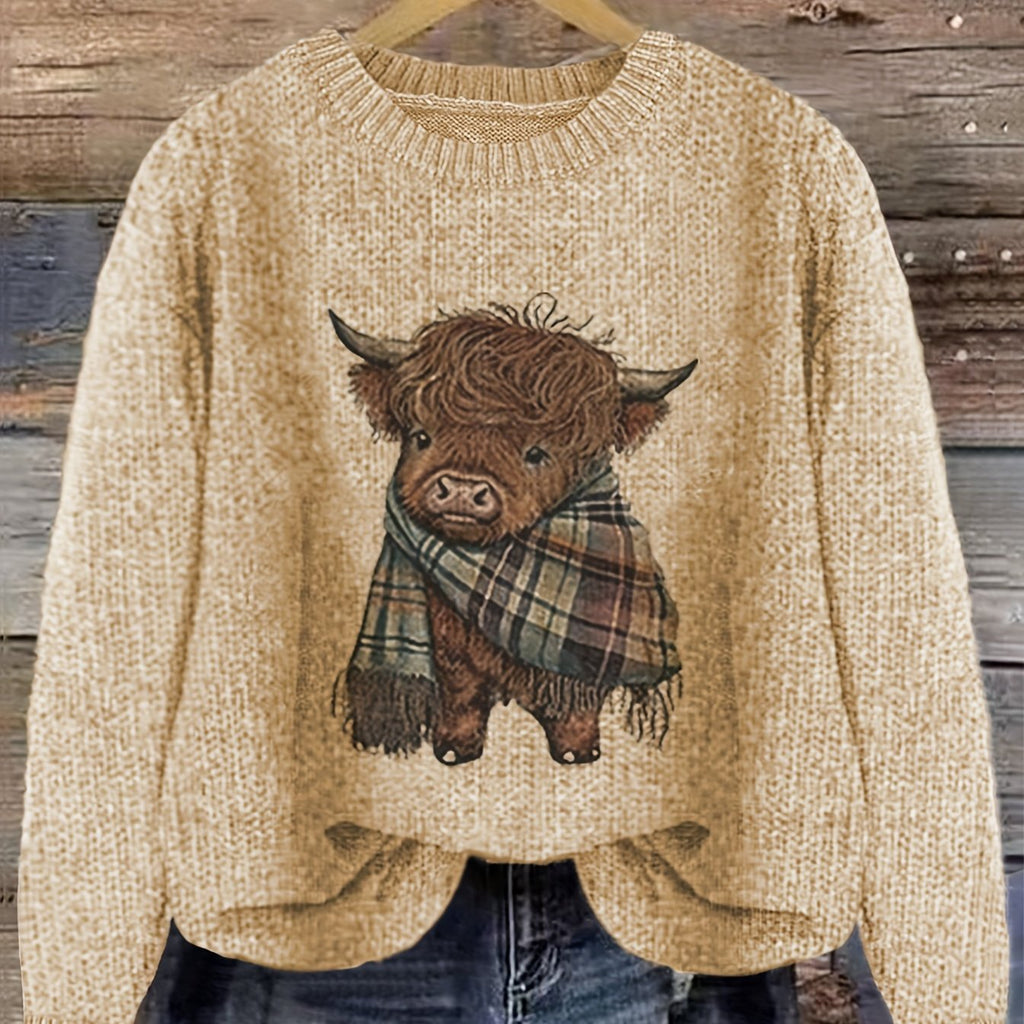 Highland cow print crewneck jumper, front view