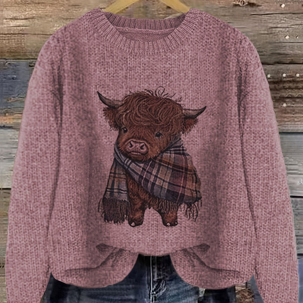 Highland cow print crewneck jumper, styled product shot