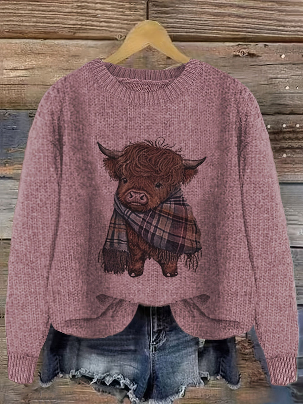 Close-up of highland cow print on crewneck jumper