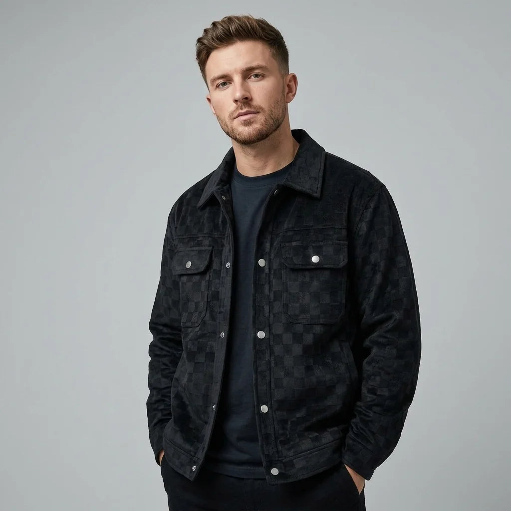 Men's checked suede jacket with satin lining