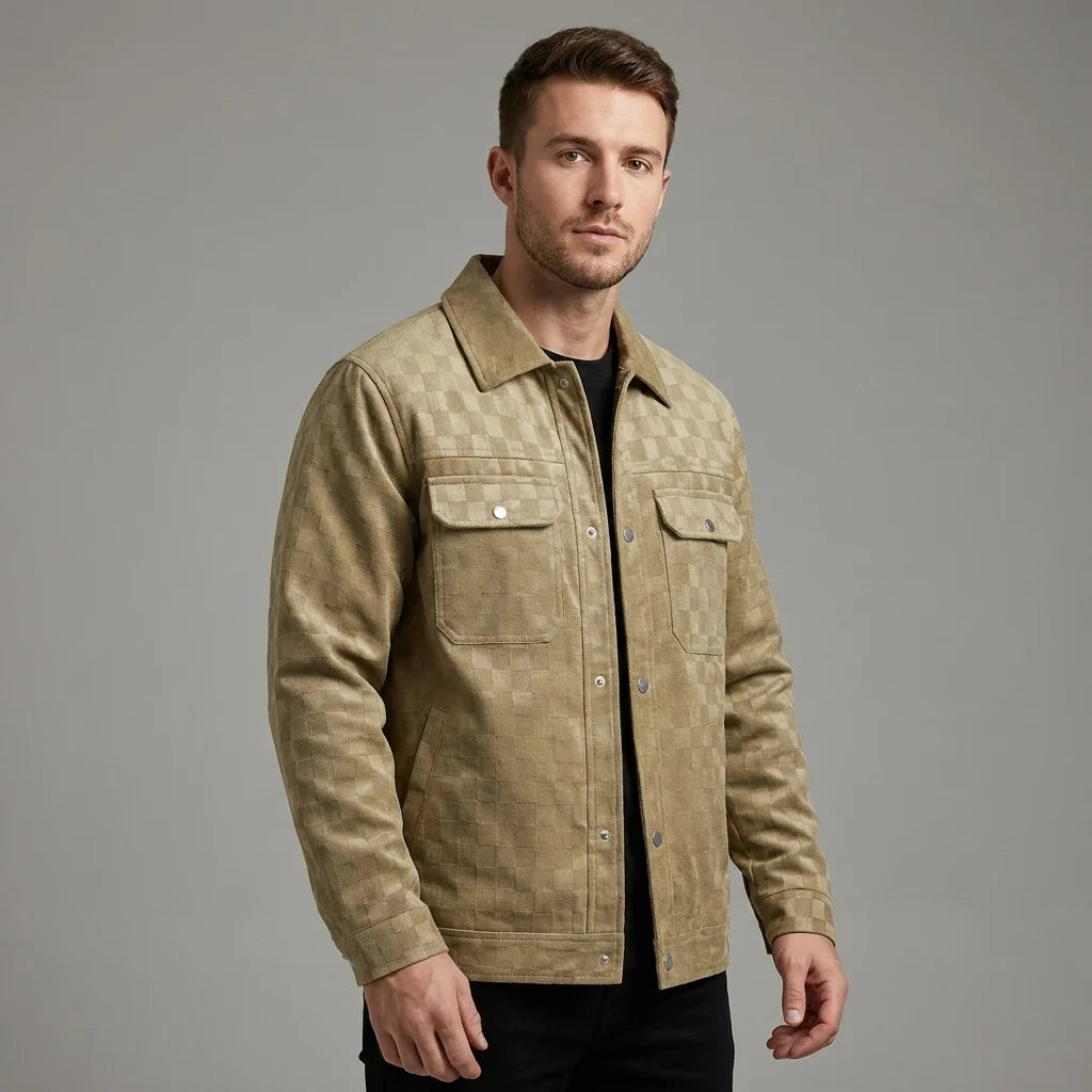 Men's checked suede jacket with satin lining