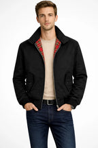 Men's black zip jacket with tartan lining