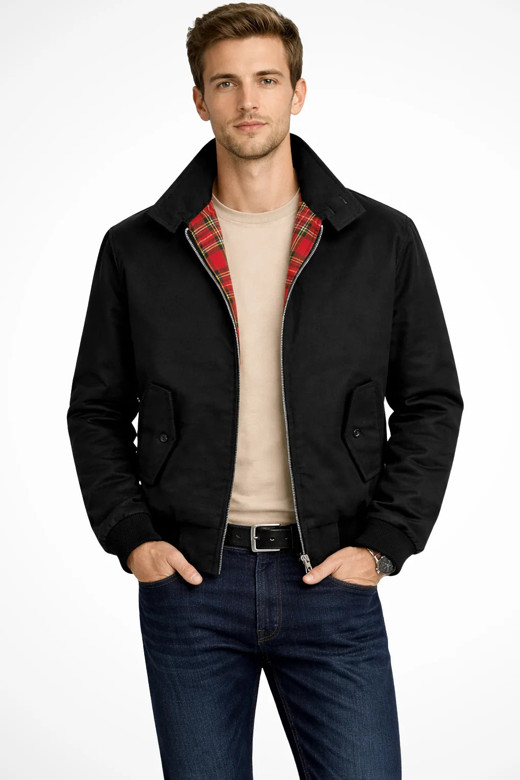 Men's black zip jacket with tartan lining