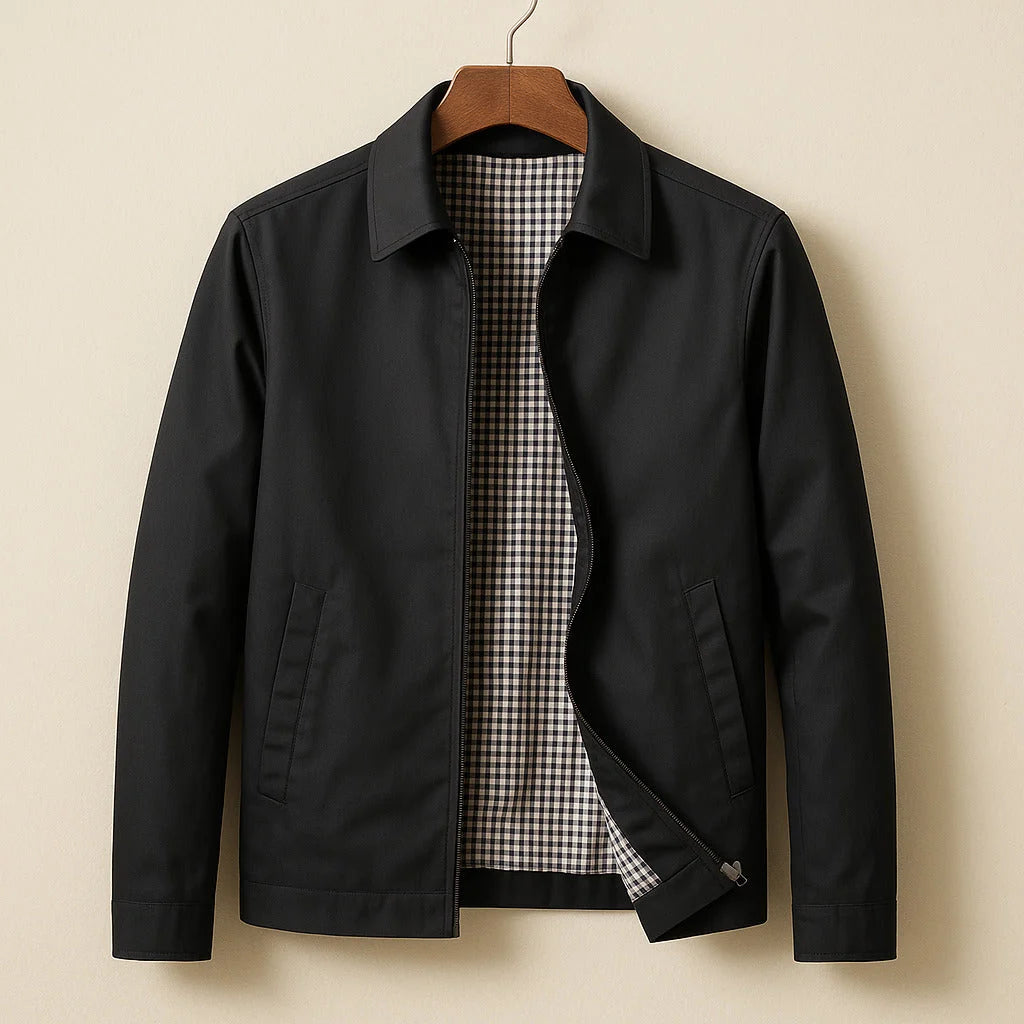 Men's black lightweight jacket with checked lining