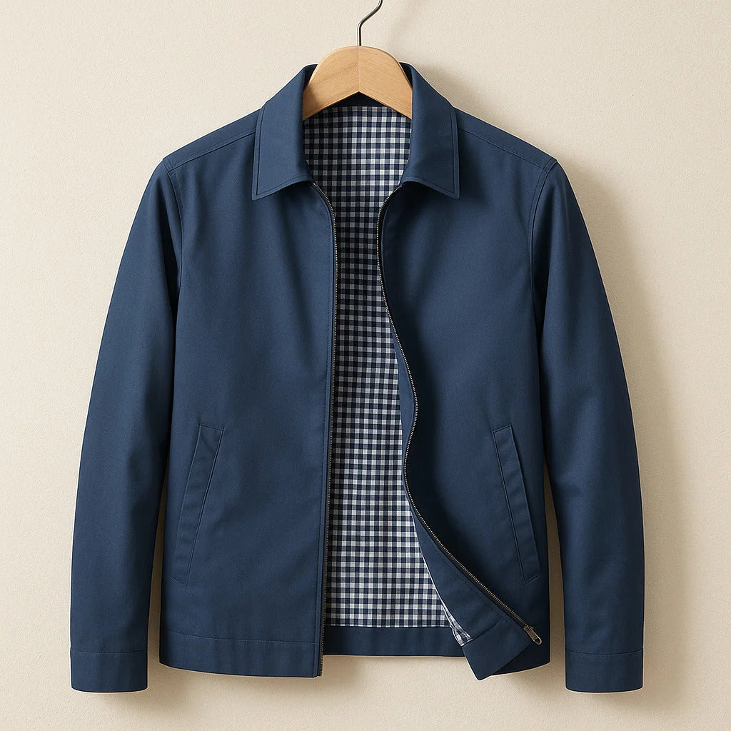 Men's navy lightweight jacket with checked lining