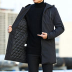Men's black mid-length hooded coat with quilted lining