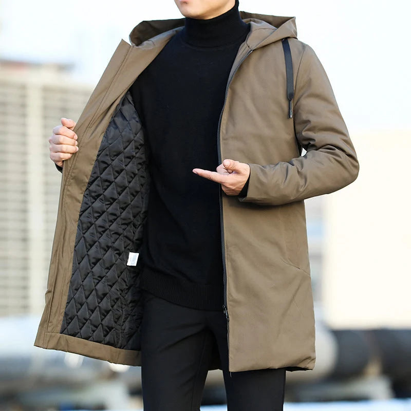 Men's khaki mid-length hooded coat with quilted lining