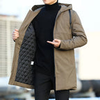 Men's khaki mid-length hooded coat with quilted lining