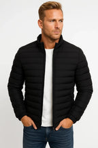 Men's black padded jacket with stand collar