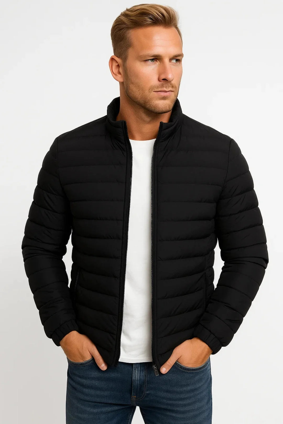 Men's black padded jacket with stand collar