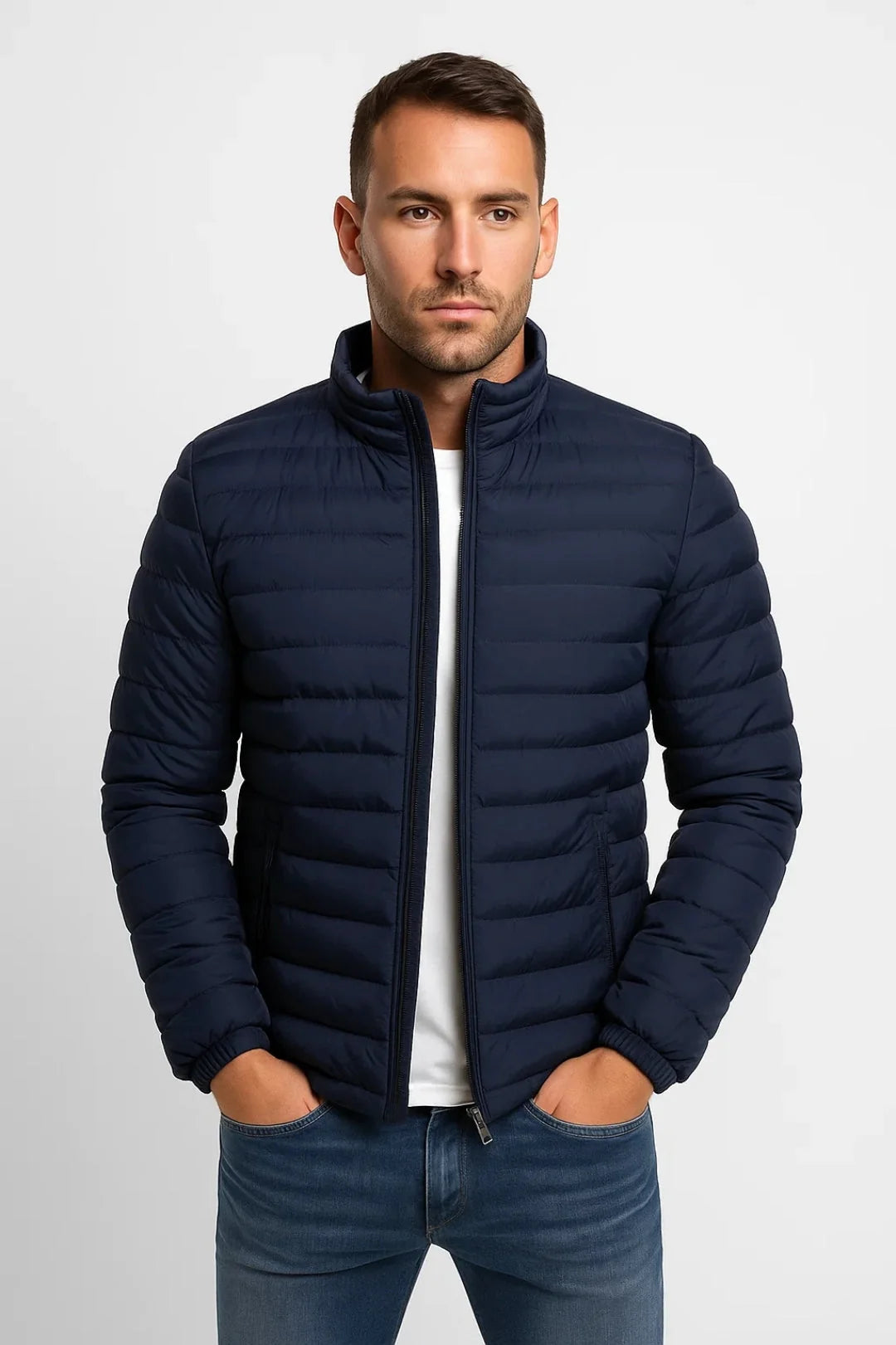 Men's dark blue padded jacket with stand collar