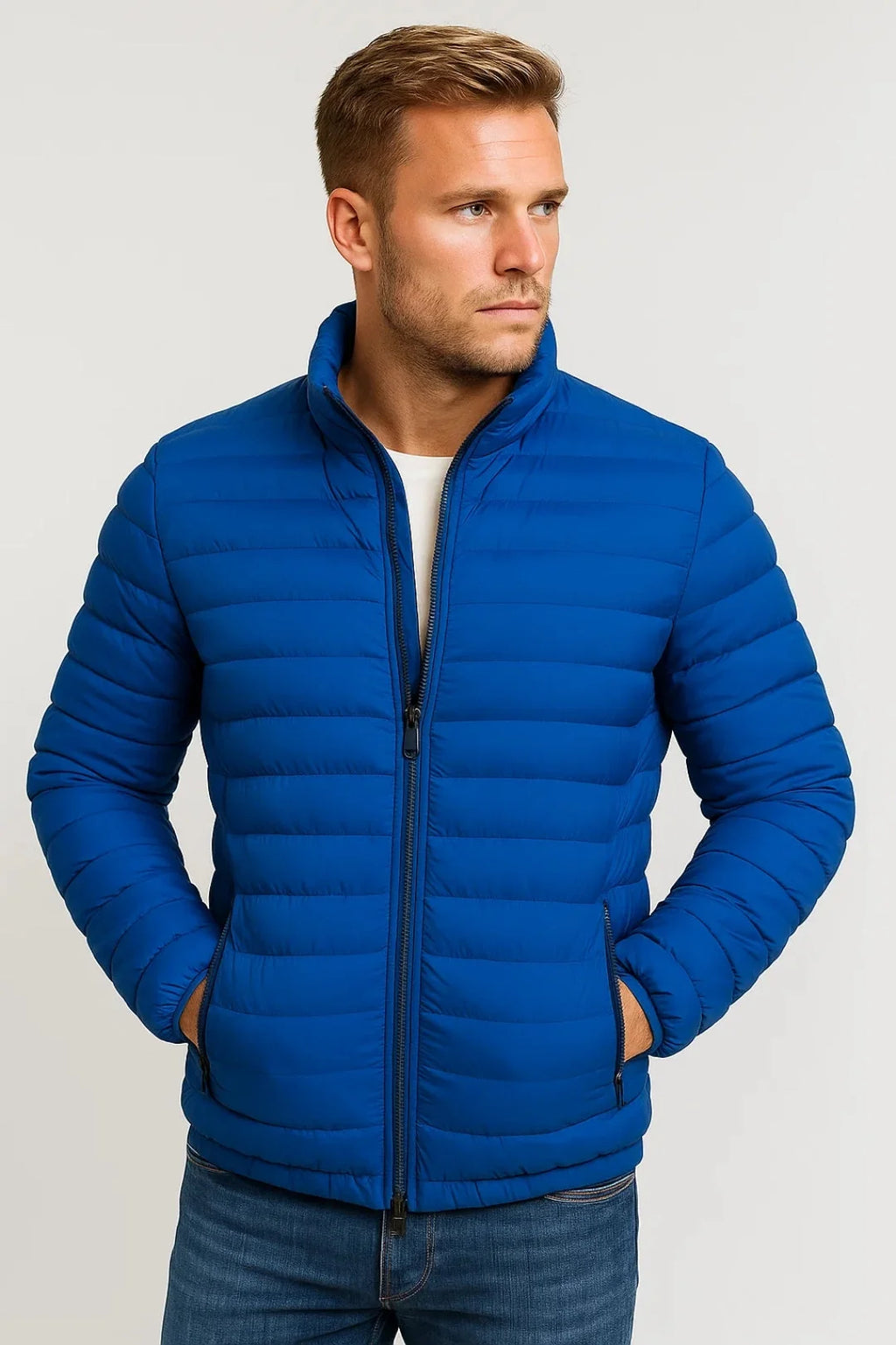 Men's cobalt blue padded jacket with stand collar