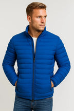 Men's cobalt blue padded jacket with stand collar