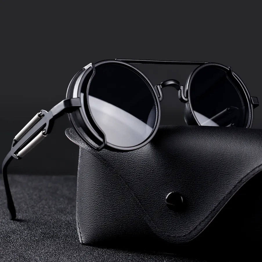 Men's black round steampunk sunglasses