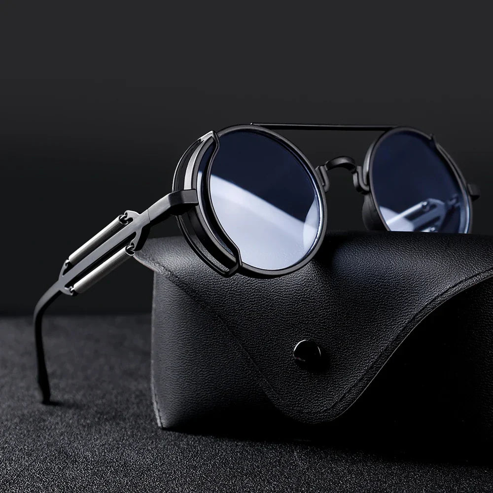 Men's blue round steampunk sunglasses