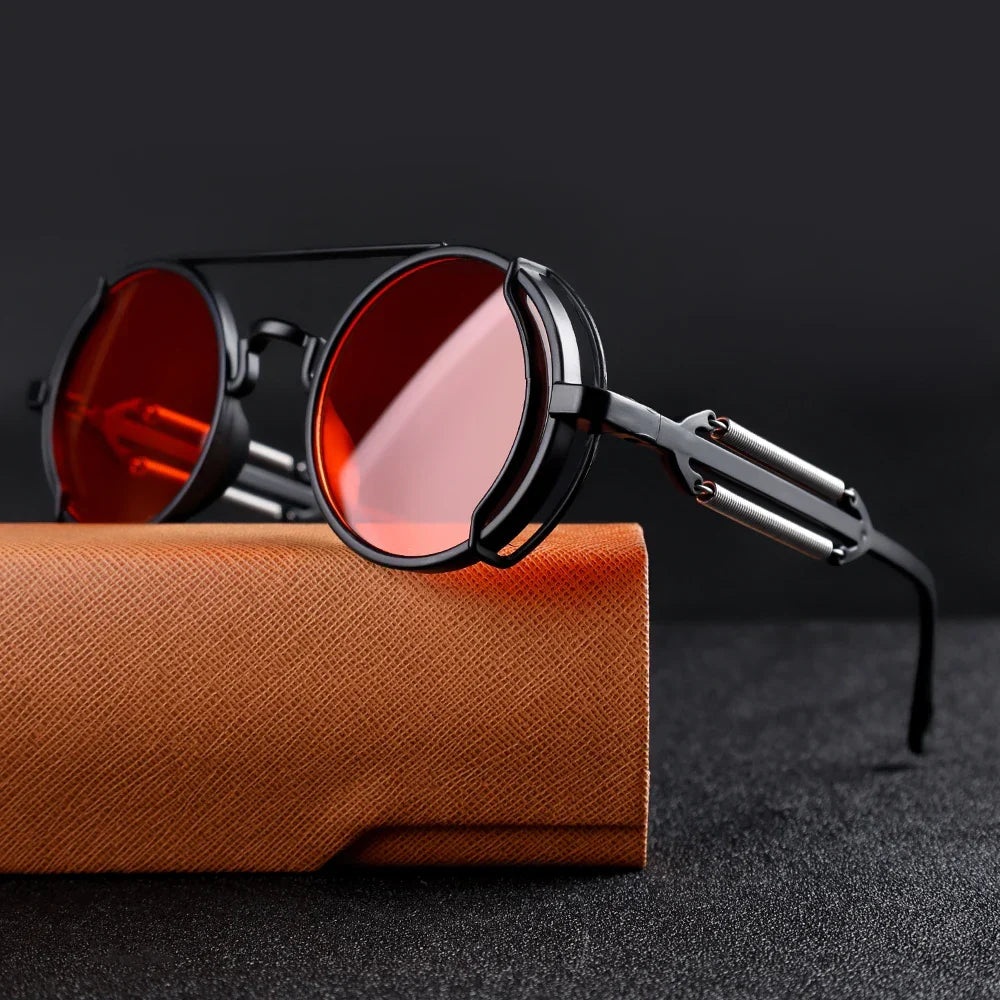 Men's red round steampunk sunglasses