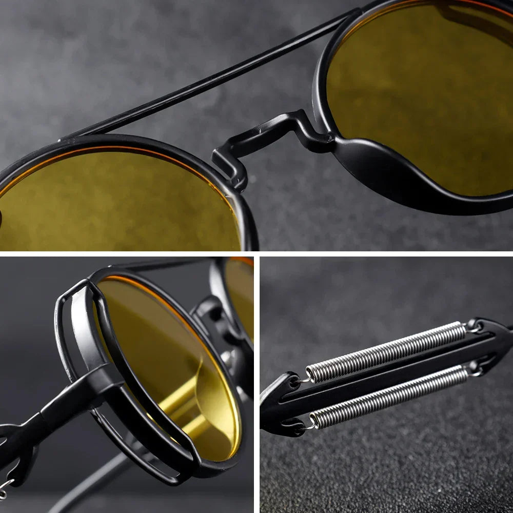 Men's yellow round steampunk sunglasses