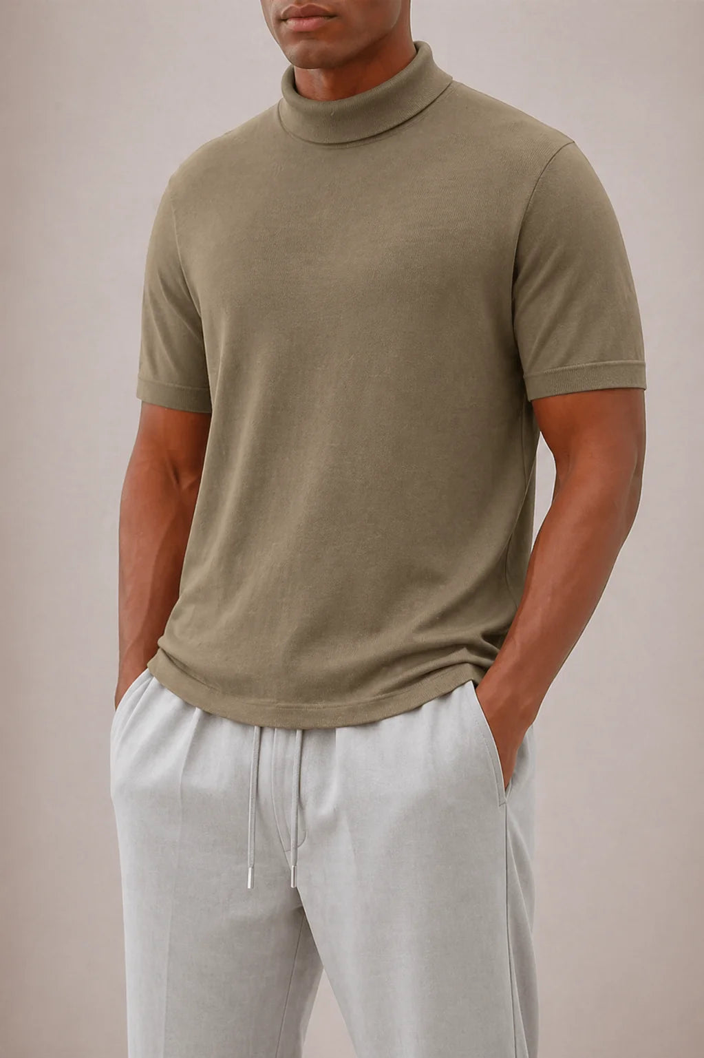 Men's khaki short sleeve roll neck t-shirt