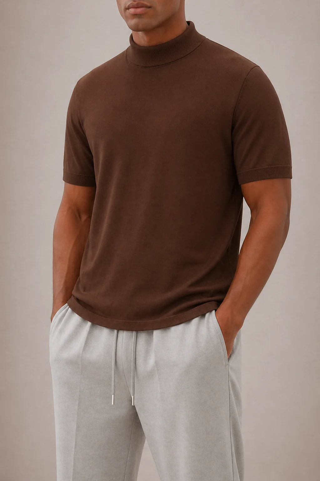Men's dark brown short sleeve roll neck t-shirt