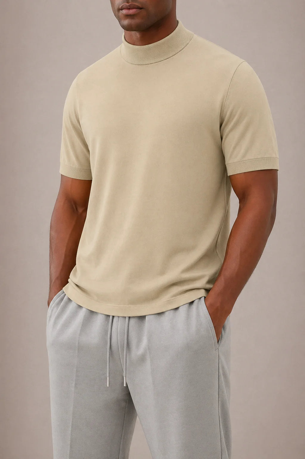 Men's beige short sleeve roll neck t-shirt