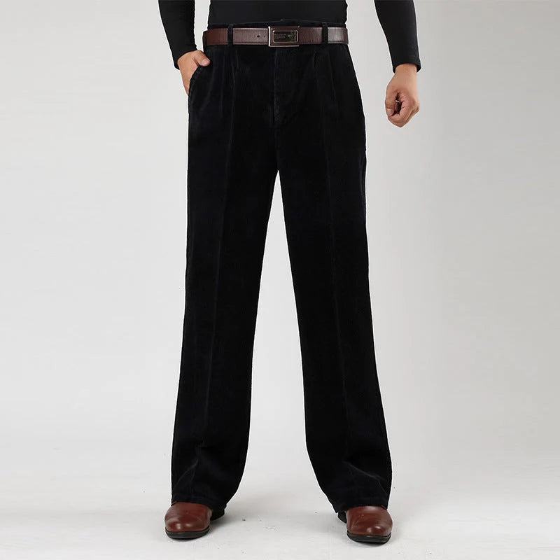Men's black wide leg pleated corduroy trousers